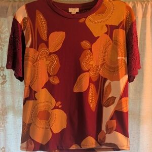 Anthropologie Red and Orange Floral Short Sleeve Top
